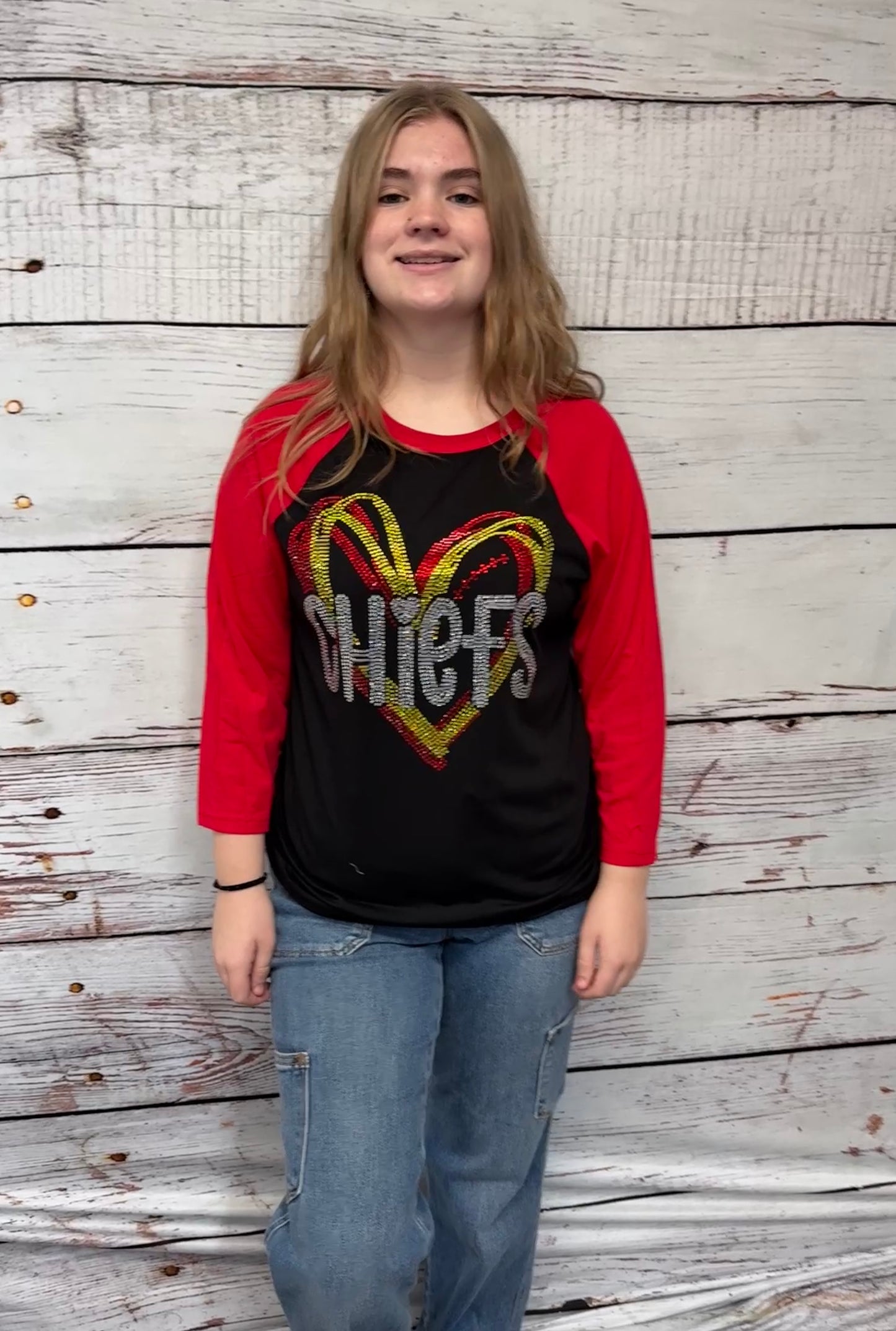 Red & Black Swirly Heart Chief Raglan T Shirt