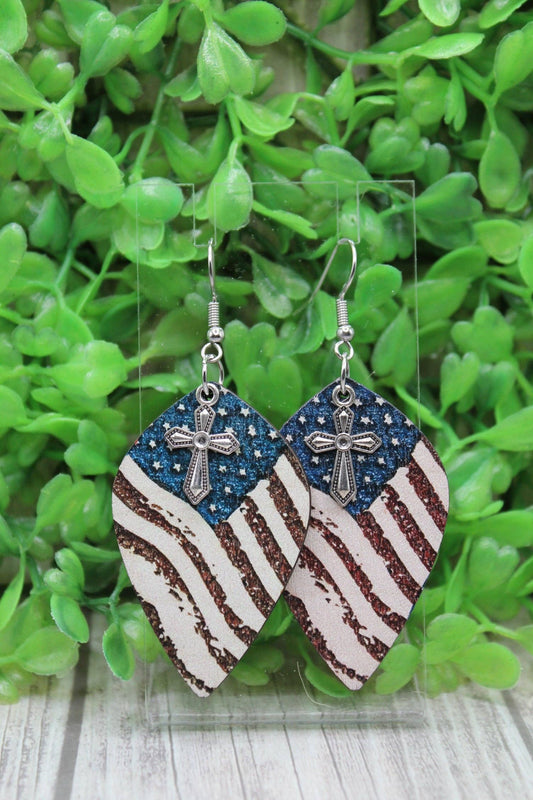 American Flag & Cross Wooden Dangle Earrings