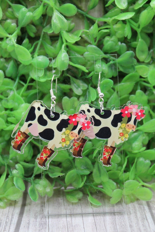 Black & White Cow with Floral Boots Dangle Earrings