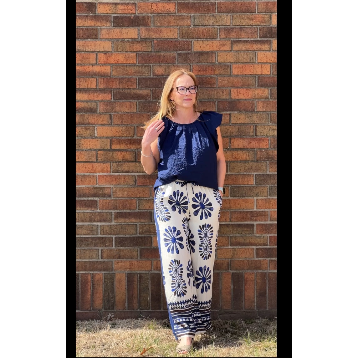 Navy Floral Print High Waist Pants