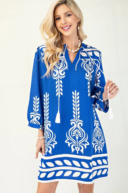 Blue Dress With White Print & Tassel Tie