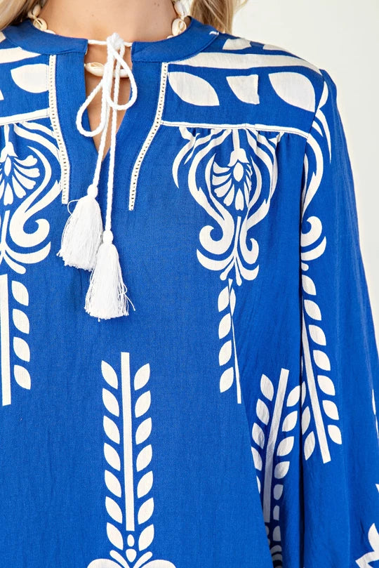 Blue Dress With White Print & Tassel Tie