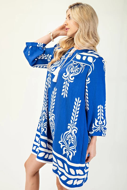 Blue Dress With White Print & Tassel Tie
