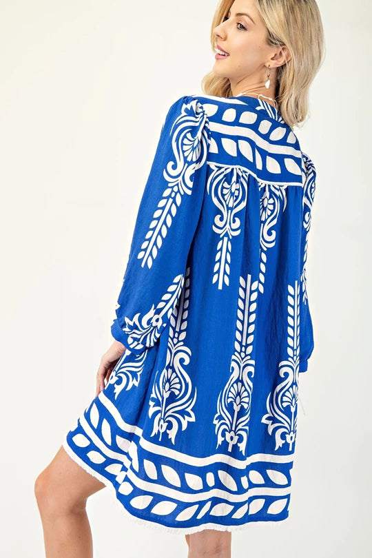Blue Dress With White Print & Tassel Tie