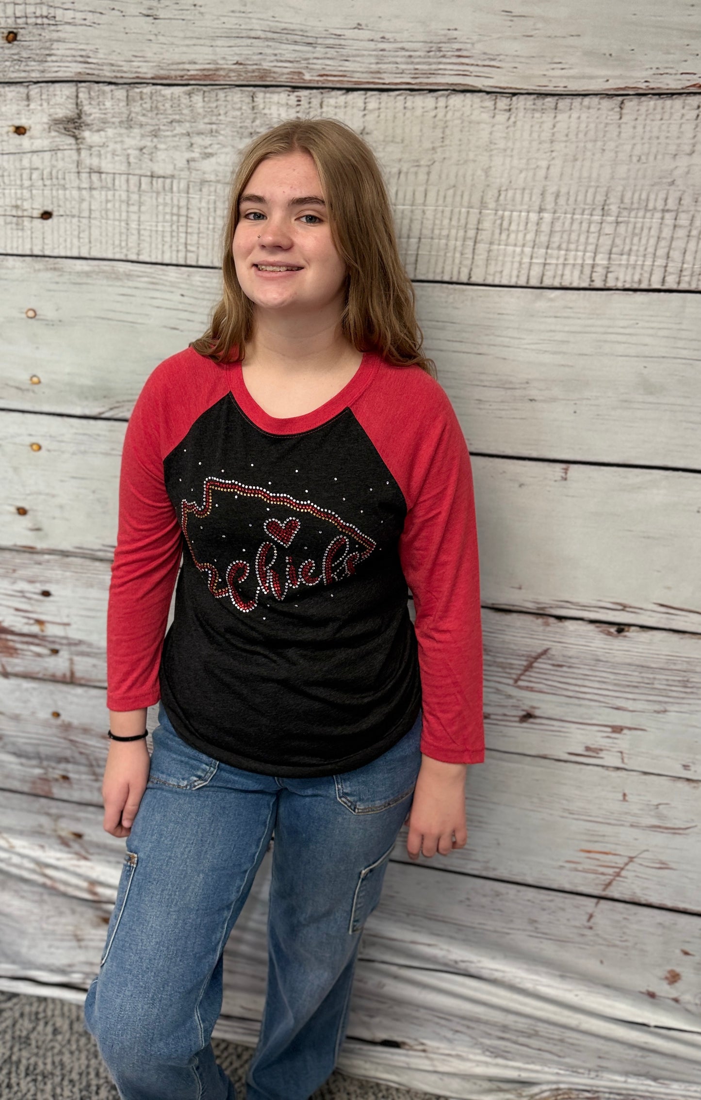 Heather Red & Grey Arrowhead & Chiefs Bling Raglan T Shirt