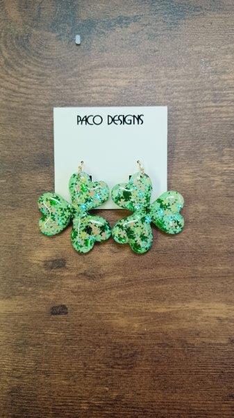 Green Clover Earrings with Glitter Flakes