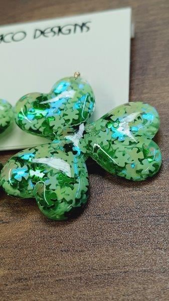 Green Clover Earrings with Glitter Flakes