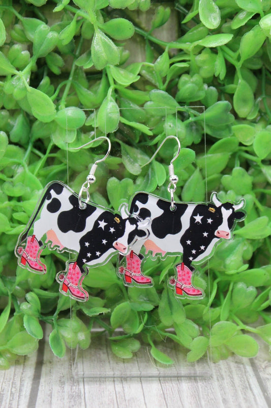 Black & White Cow with Pink Boots Dangle Earrings