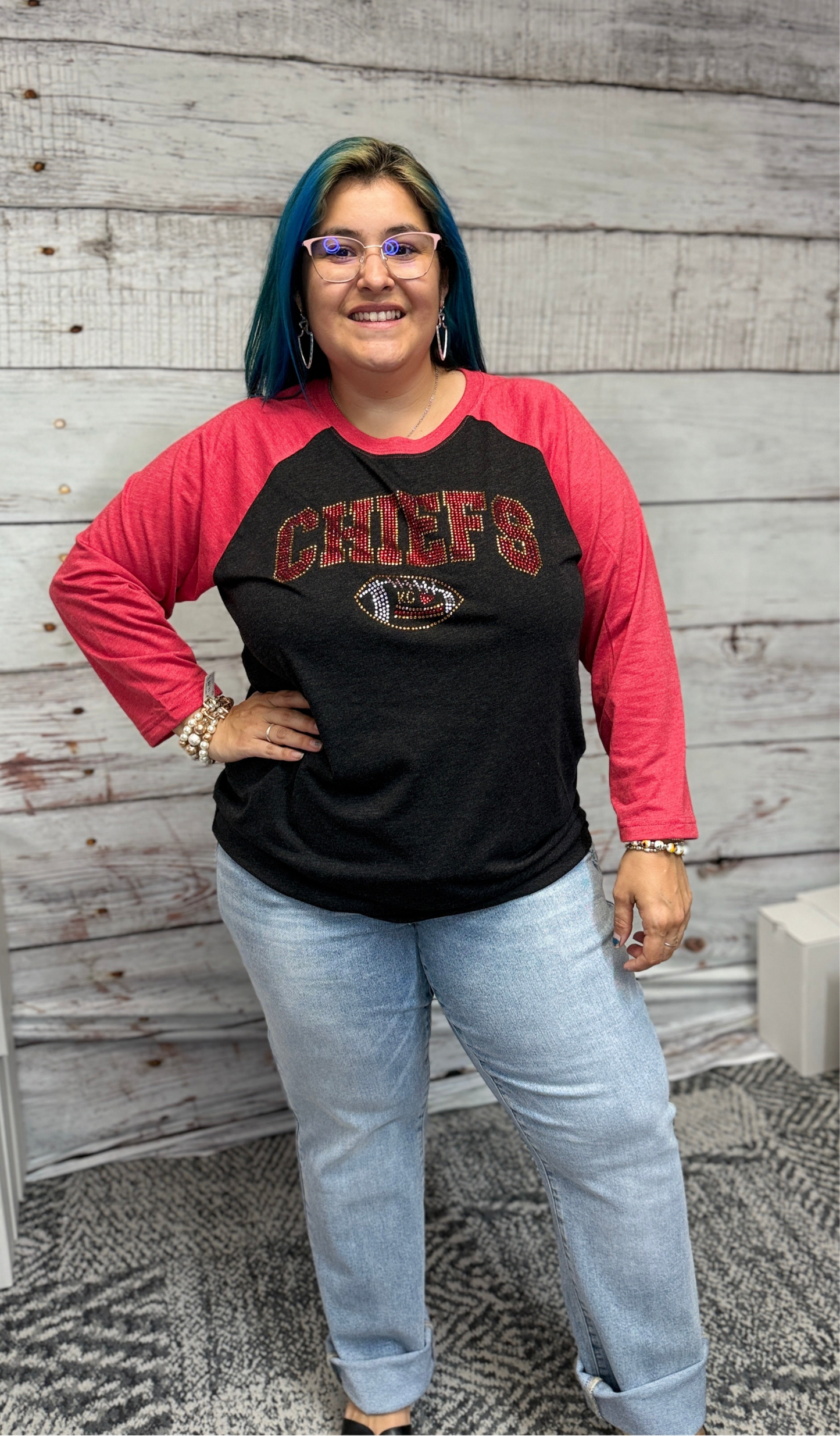Heather Red & Grey Chiefs with Football Bling Crewneck T Shirt