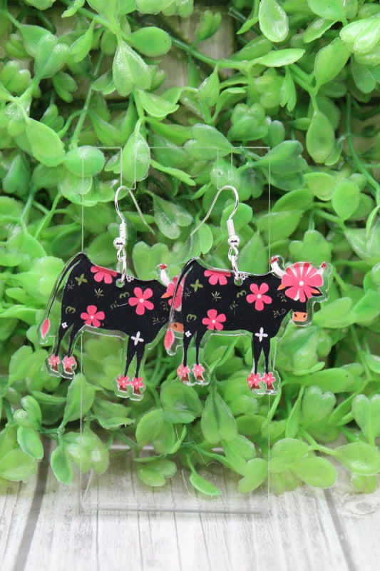 Black Cow with Pink Flowers Dangle Earrings