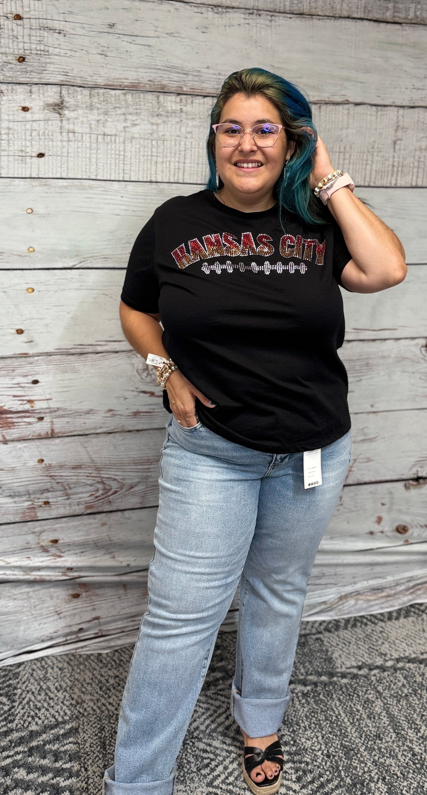 Black Kansas City Football Stitch Bling Crewneck T Shirt