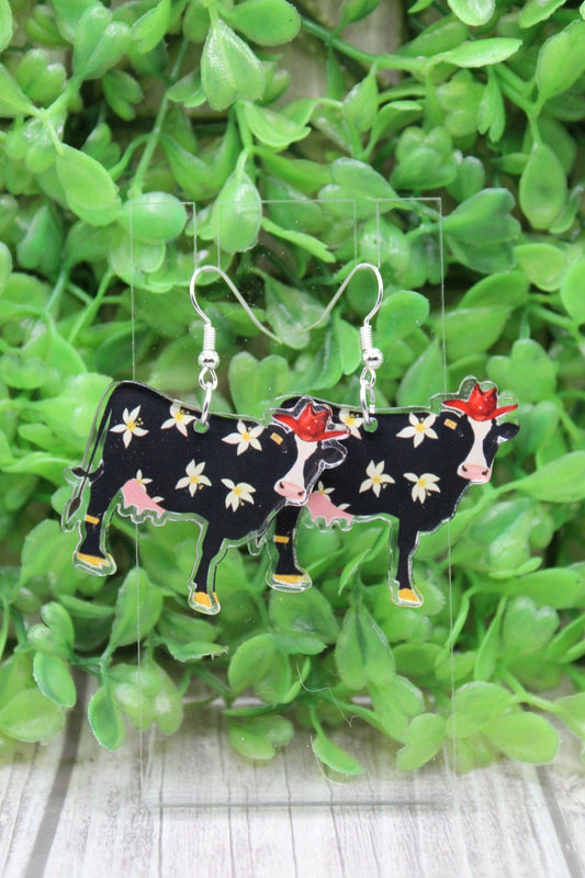 Black Cow with Yellow Flowers Dangle Earrings