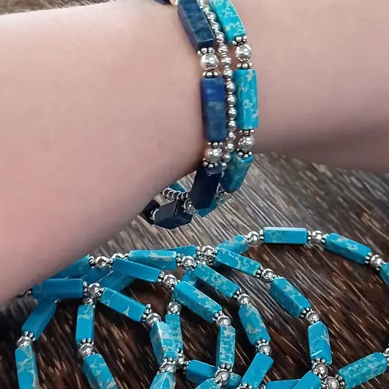 Turquoise and Sterling Silver Stretchy Beaded Bracelet