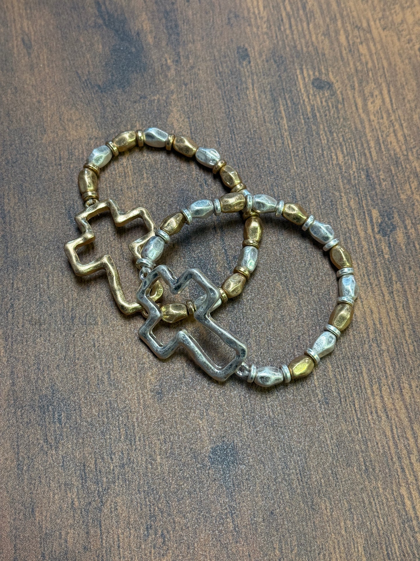 Gold or Silver Hammered Cross Mixed Metal Stretch Bracelet