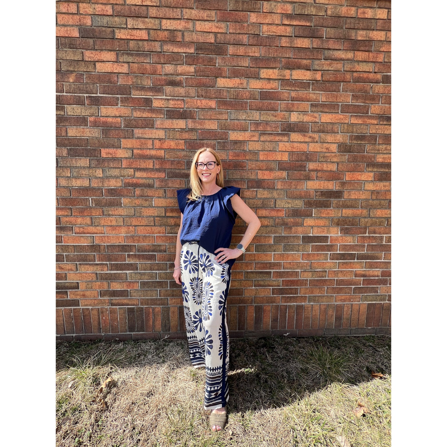 Navy Floral Print High Waist Pants