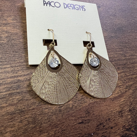 Gold Fan CZ Center Drop Earrings