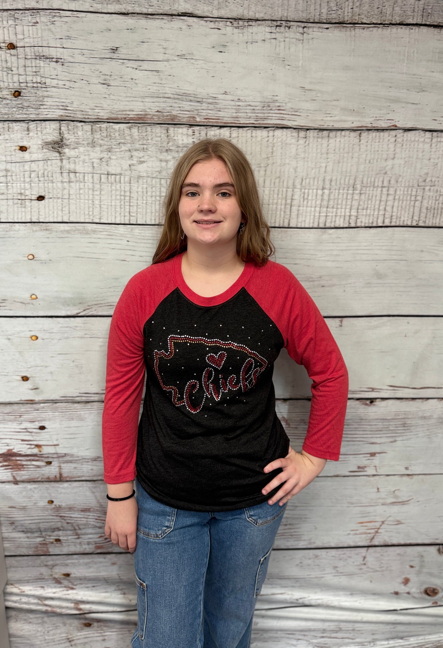 Heather Red & Grey Arrowhead & Chiefs Bling Raglan T Shirt