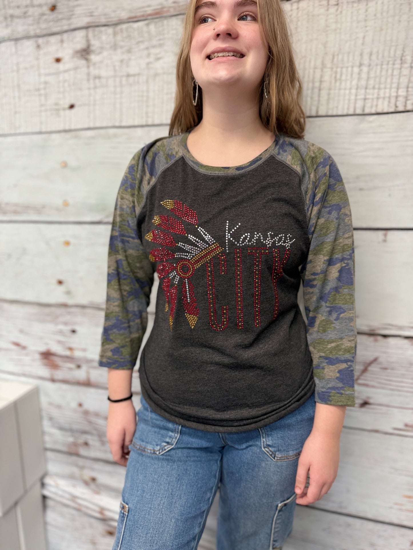 Kansas City Headdress Bling 2.0 Camo Sleeve Raglan T Shirt