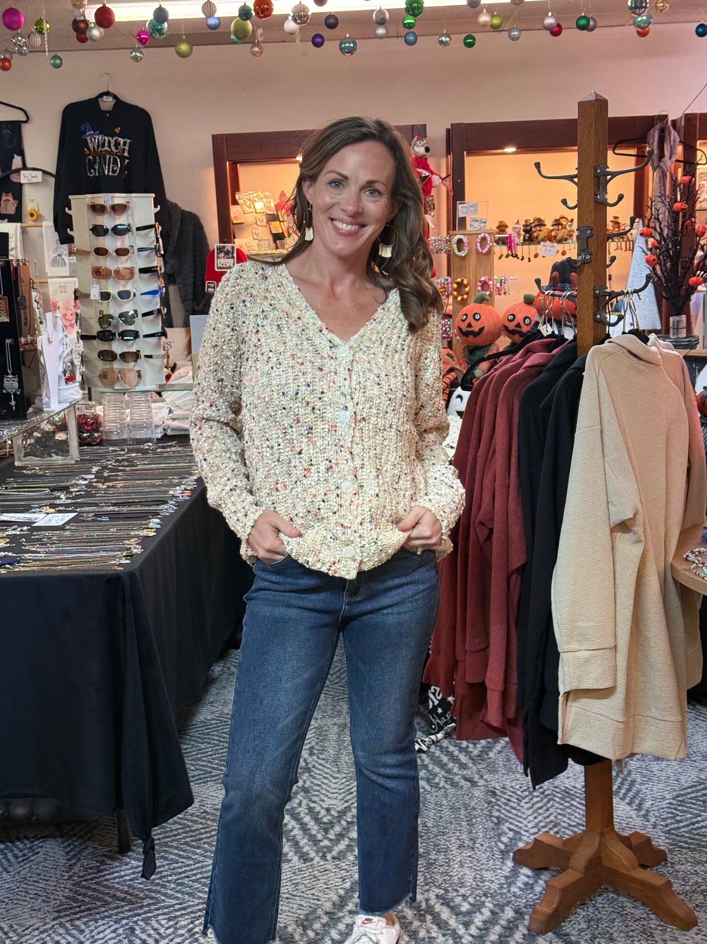 Natural Beige Confetti V-neck Cardigan Sweater