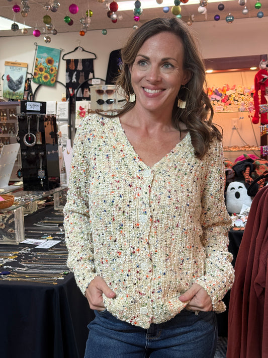 Natural Beige Confetti V-neck Cardigan Sweater