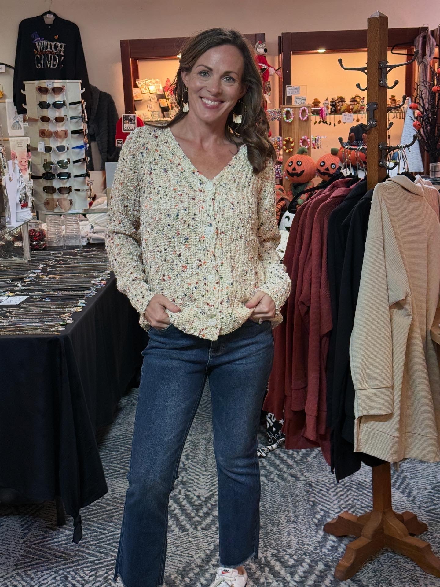 Natural Beige Confetti V-neck Cardigan Sweater