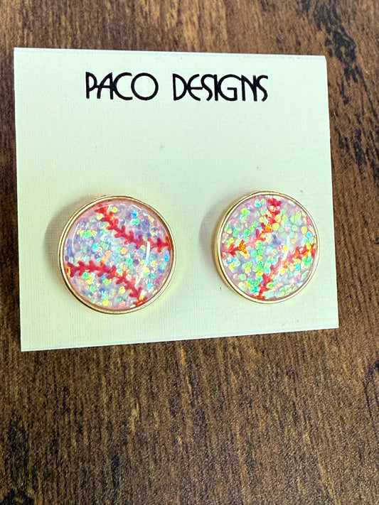Baseball Stud Earrings with Glitter Flecks