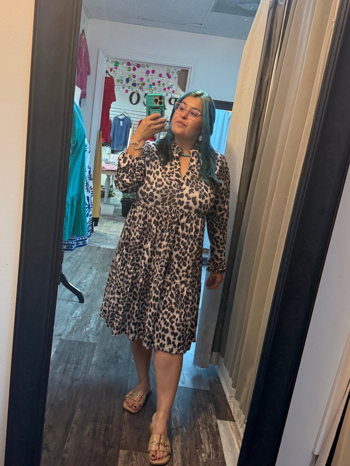 Leopard Print V Neck Tiered Dress