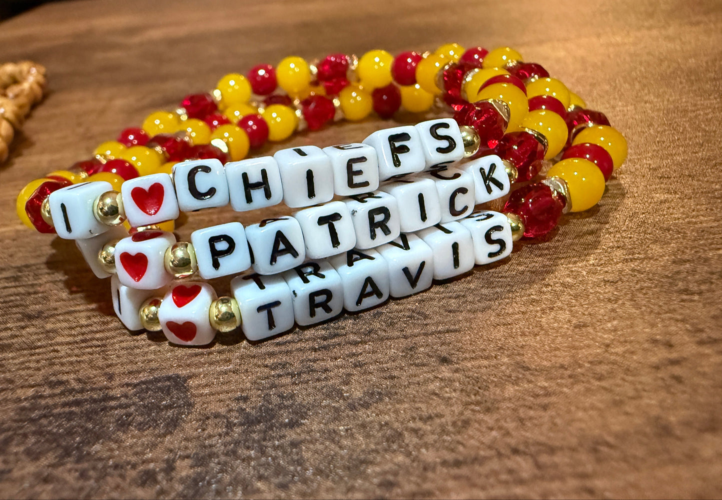 "I <3 TRAVIS" Red and Yellow Stretch Beaded Bracelet