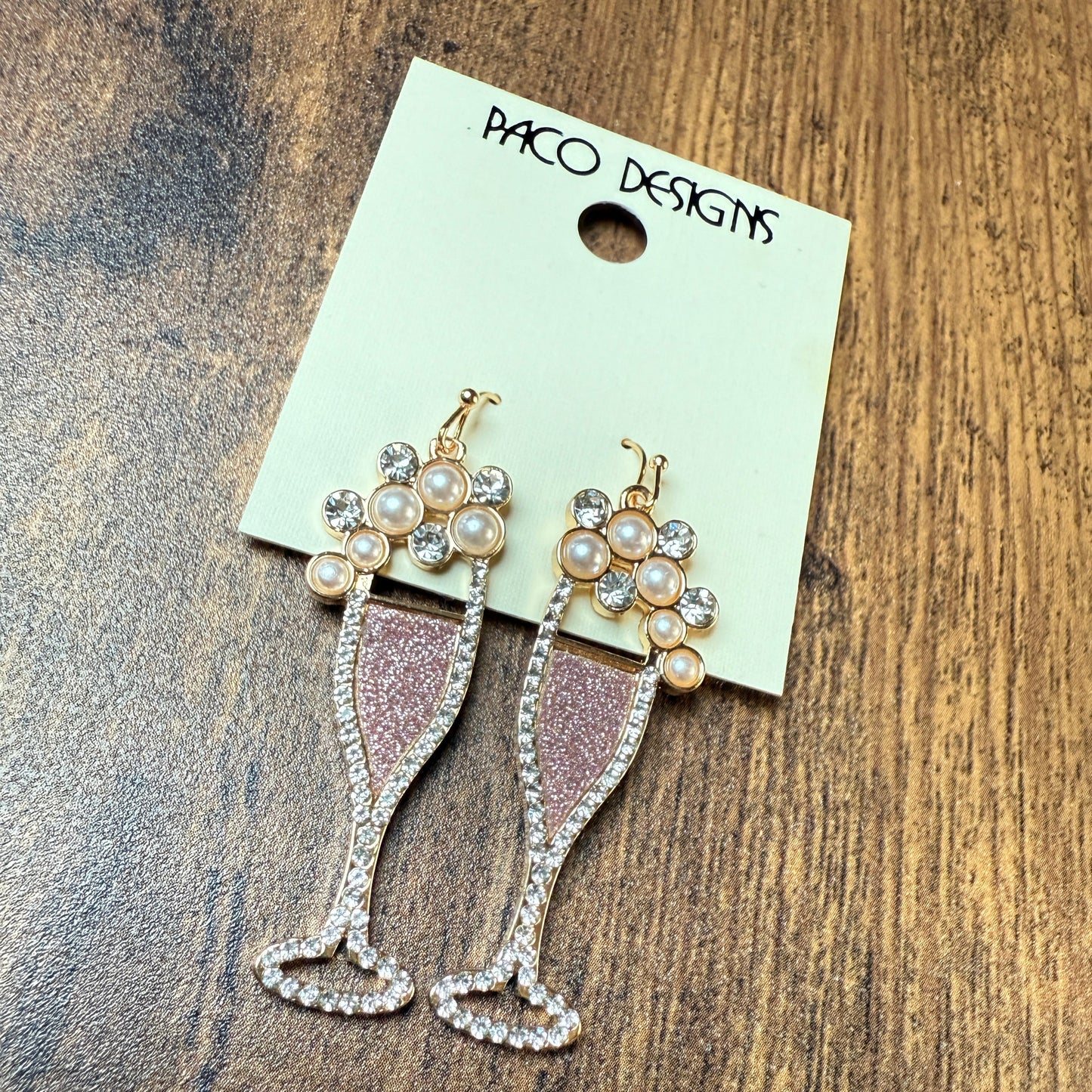 Glitzy Pink Champagne Flute Earrings with Pearls