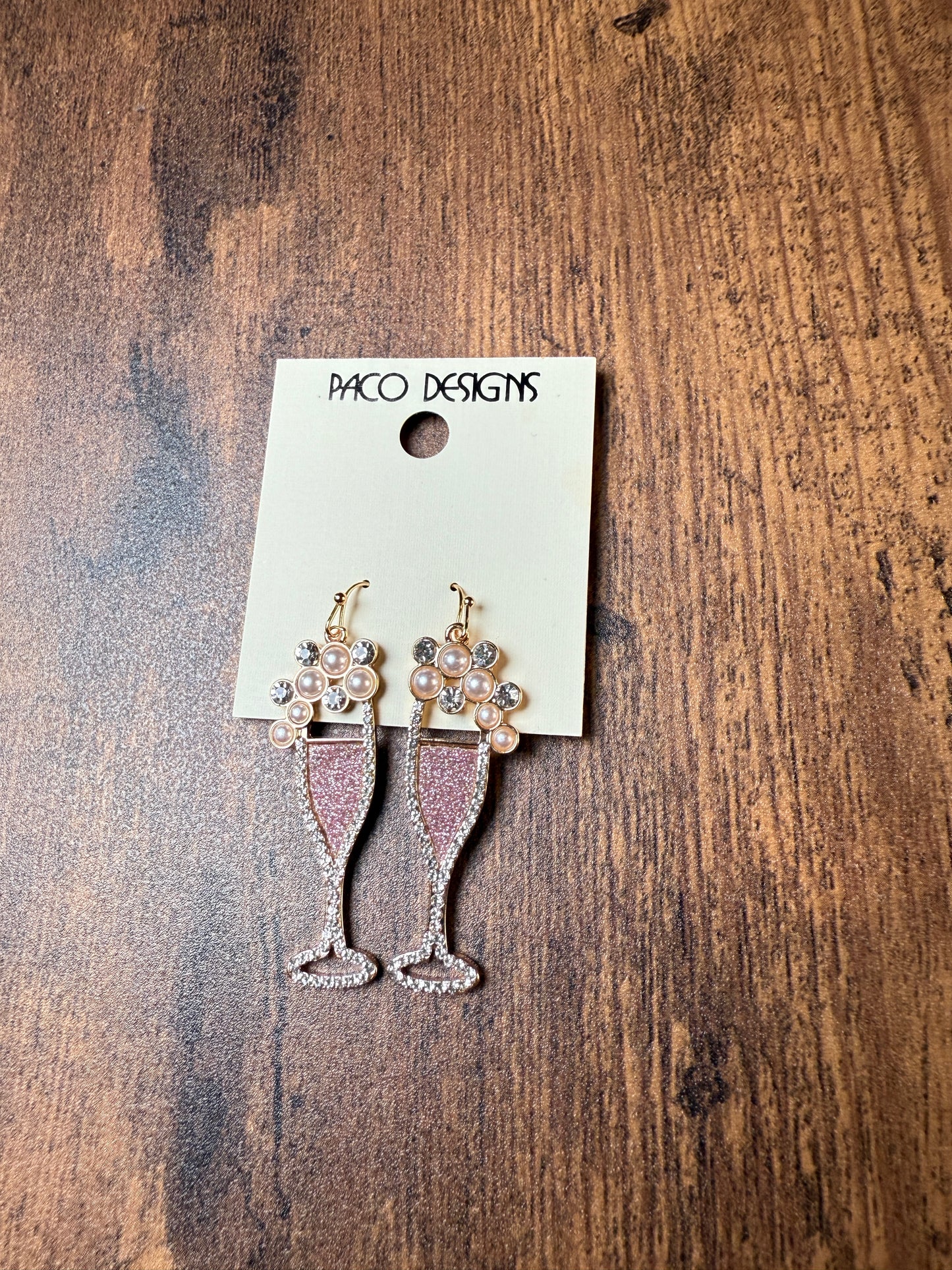 Glitzy Pink Champagne Flute Earrings with Pearls