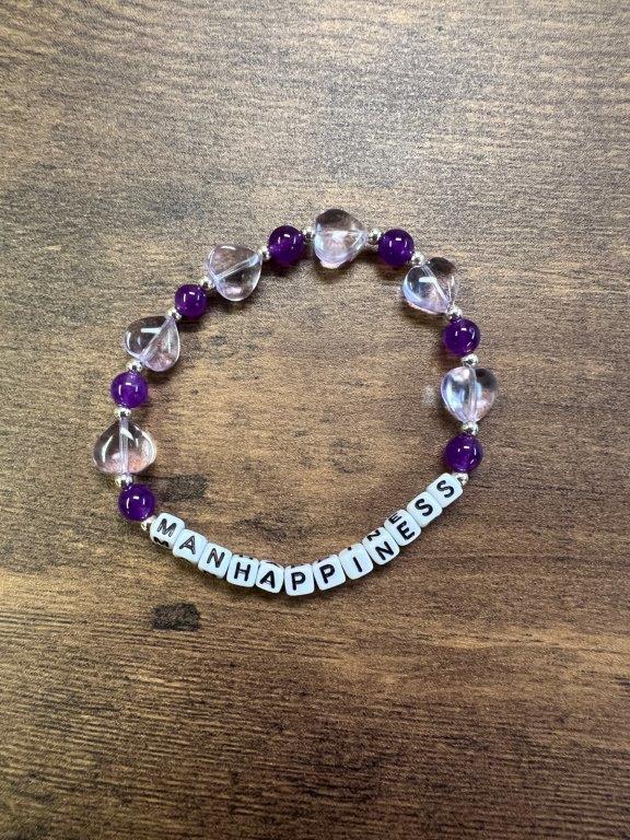MANHAPPINESS or WILDCATS Clear Purple Heart Beaded Bracelet