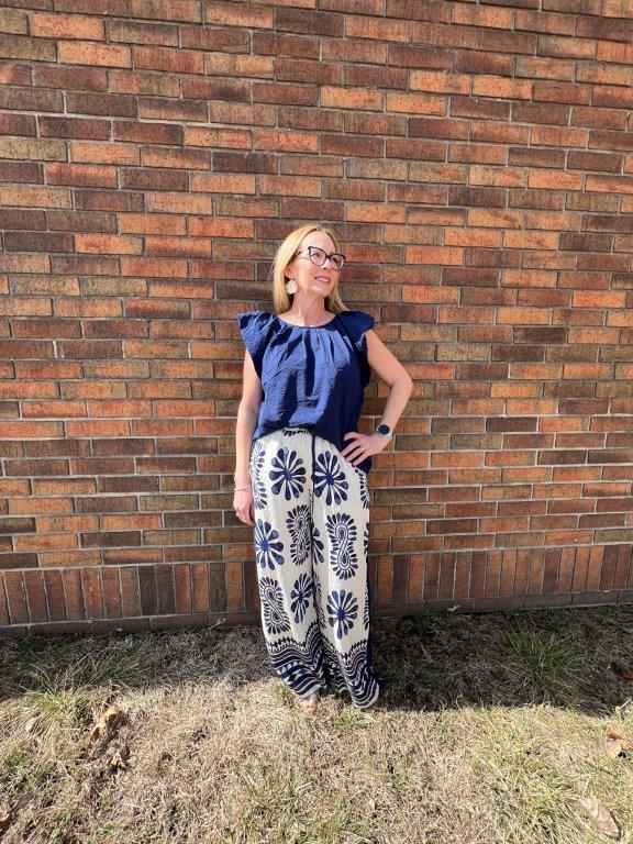Navy Blue Blouse with Ruffle Sleeves