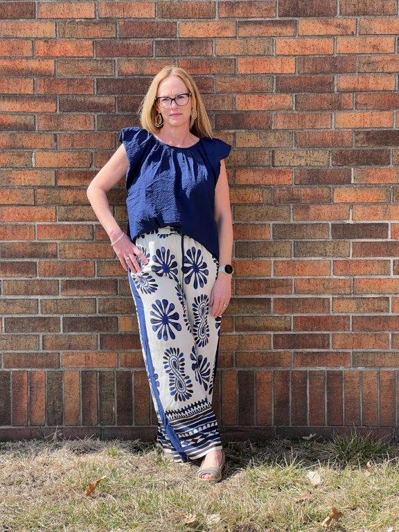 Navy Blue Blouse with Ruffle Sleeves