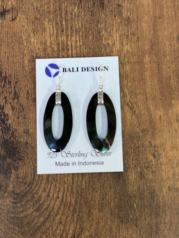 Long Oval Black Abalone Shell Sterling Silver Earrings