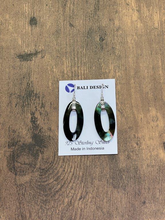 Long Oval Black Abalone Shell Sterling Silver Earrings