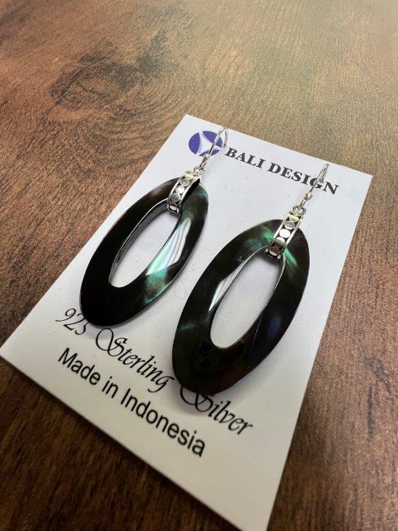 Long Oval Black Abalone Shell Sterling Silver Earrings