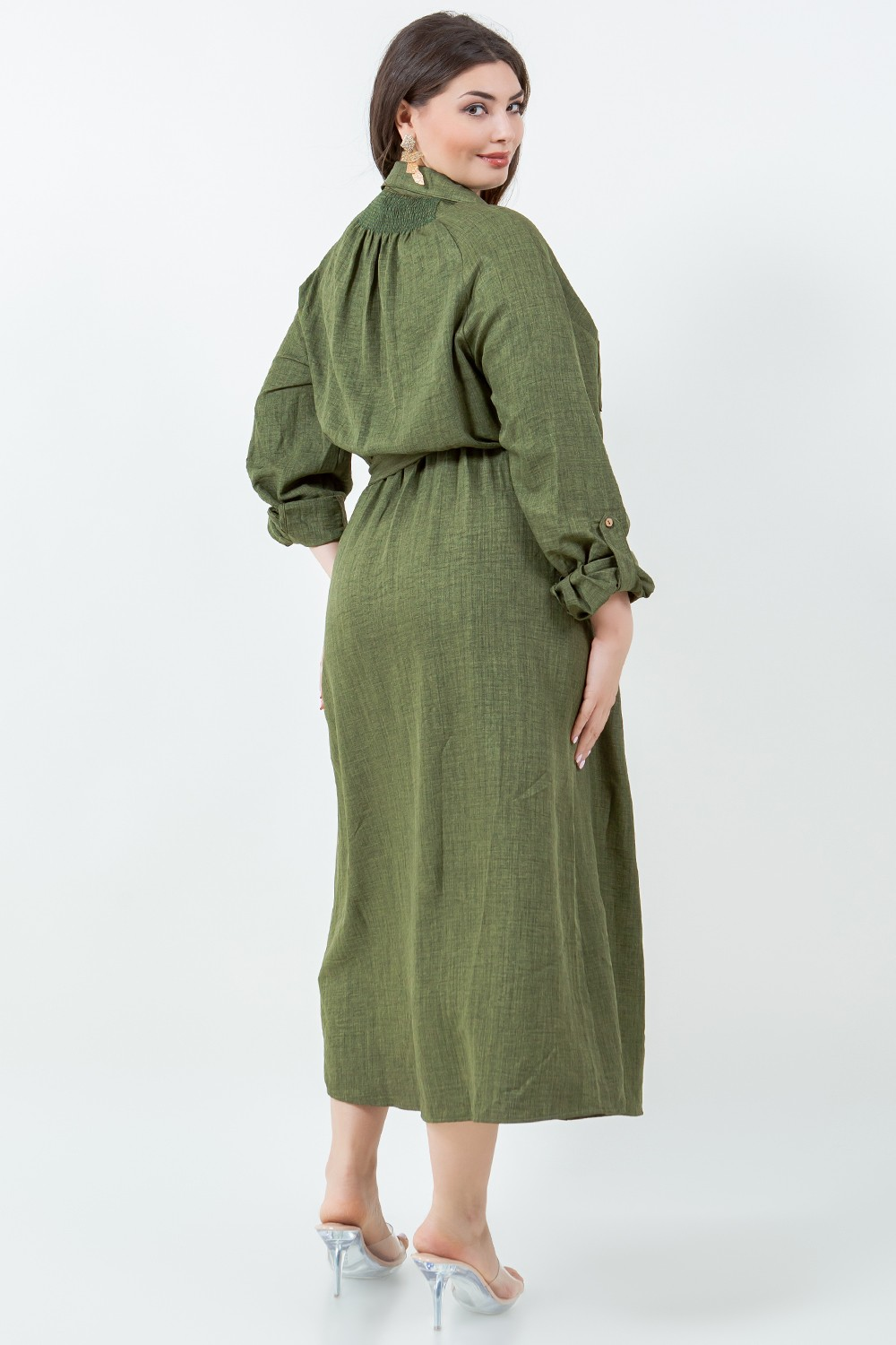 Green Button Down Dress With Sleeve Tabs