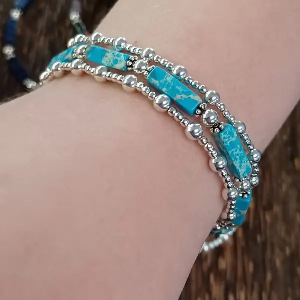 Turquoise and Sterling Silver Stretchy Beaded Bracelet