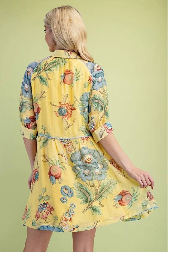 Yellow Floral Print Shirt Dress