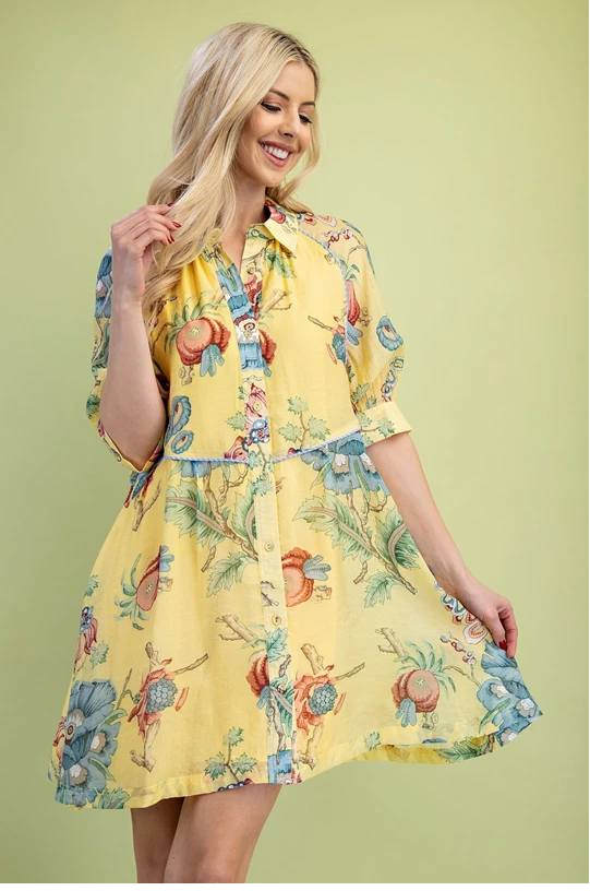 Yellow Floral Print Shirt Dress