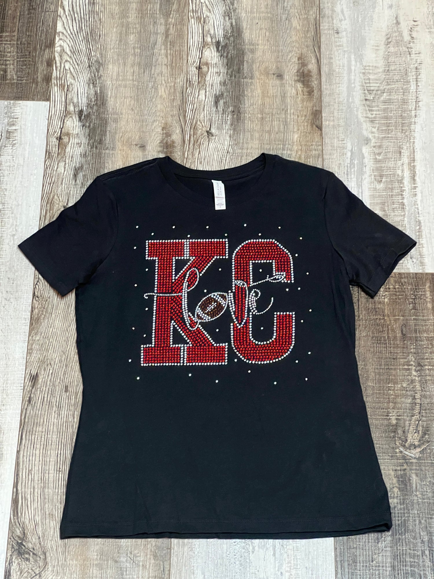 Black Crewneck T-shirt with KC in big red bling varsity letters and love written in silver bling across