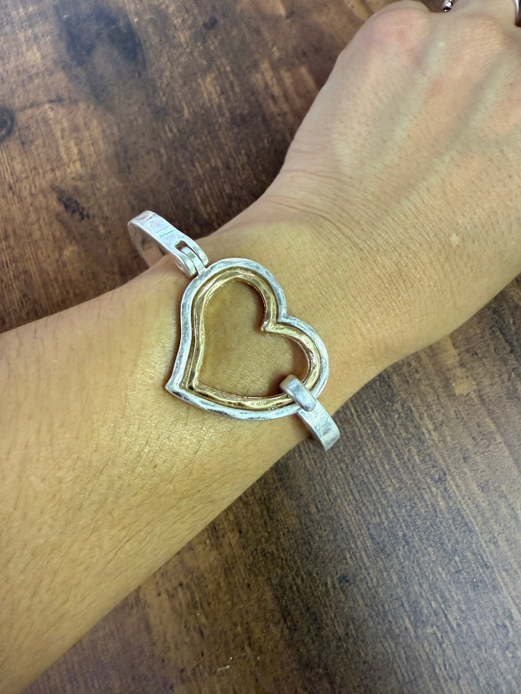 Mixed Metal Heart Cuff Bracelet -Silver/Gold