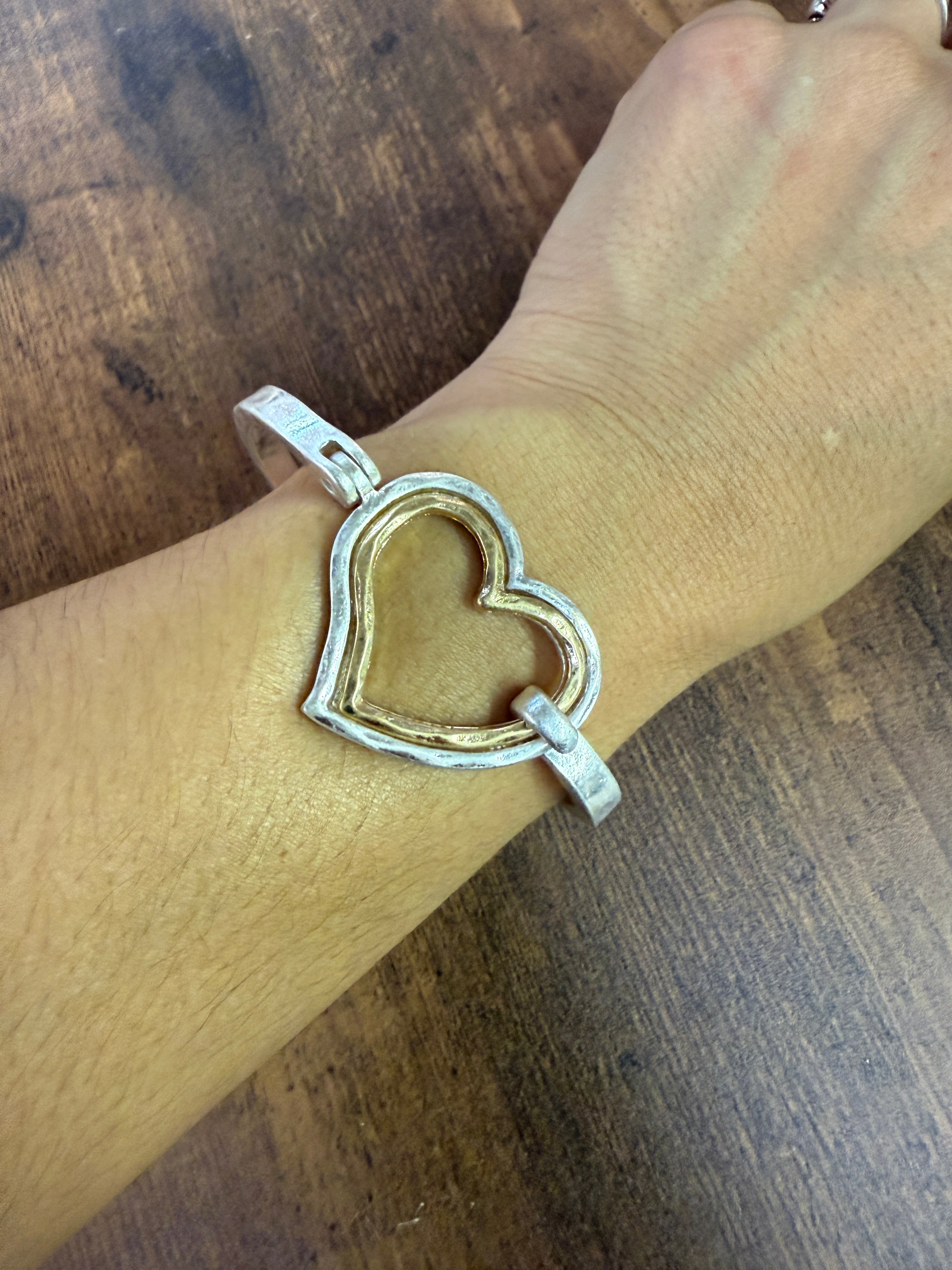 Mixed Metal Heart Cuff Bracelet -Silver/Gold