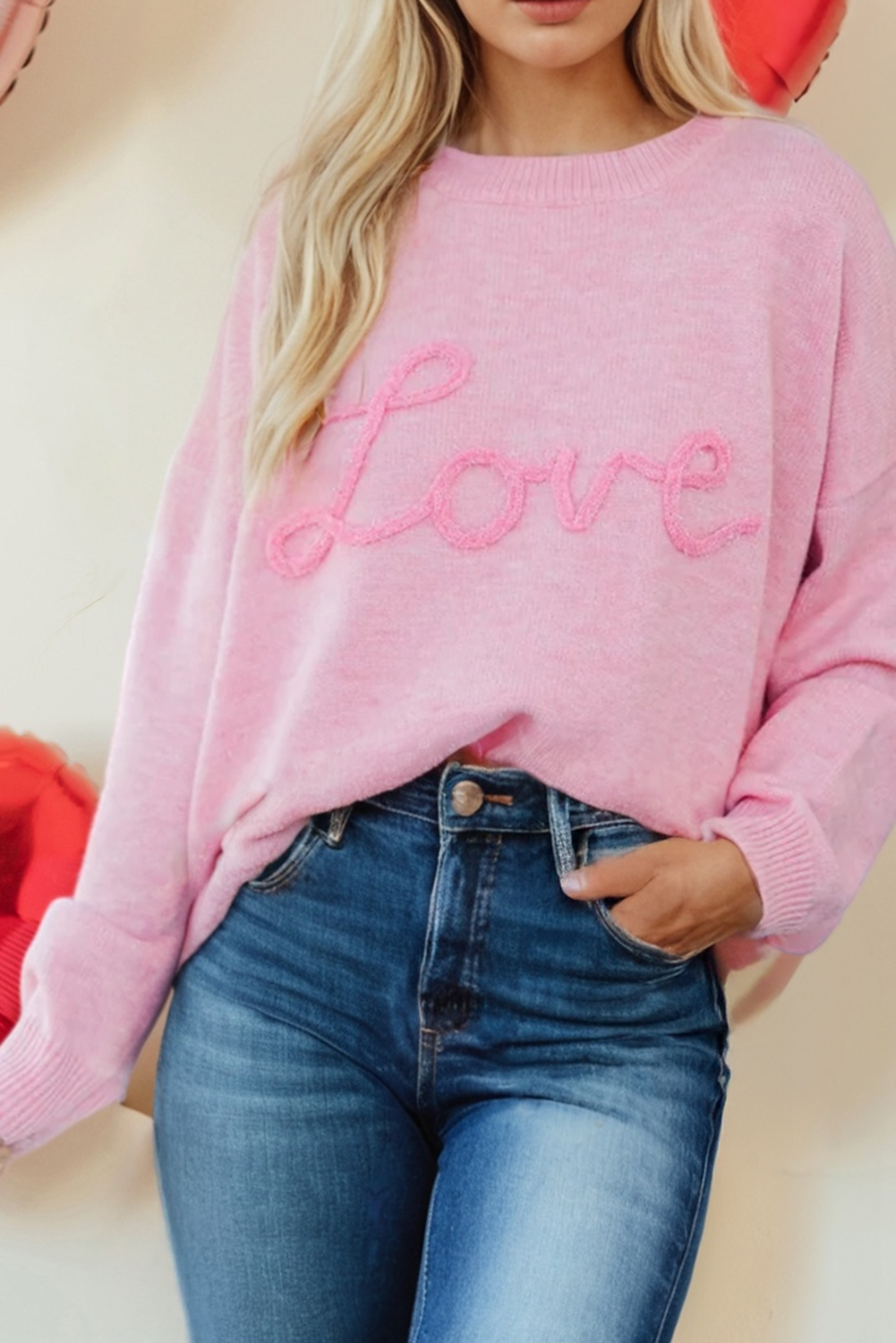 Valentines Corded Love Script Graphic Baggy Sweater