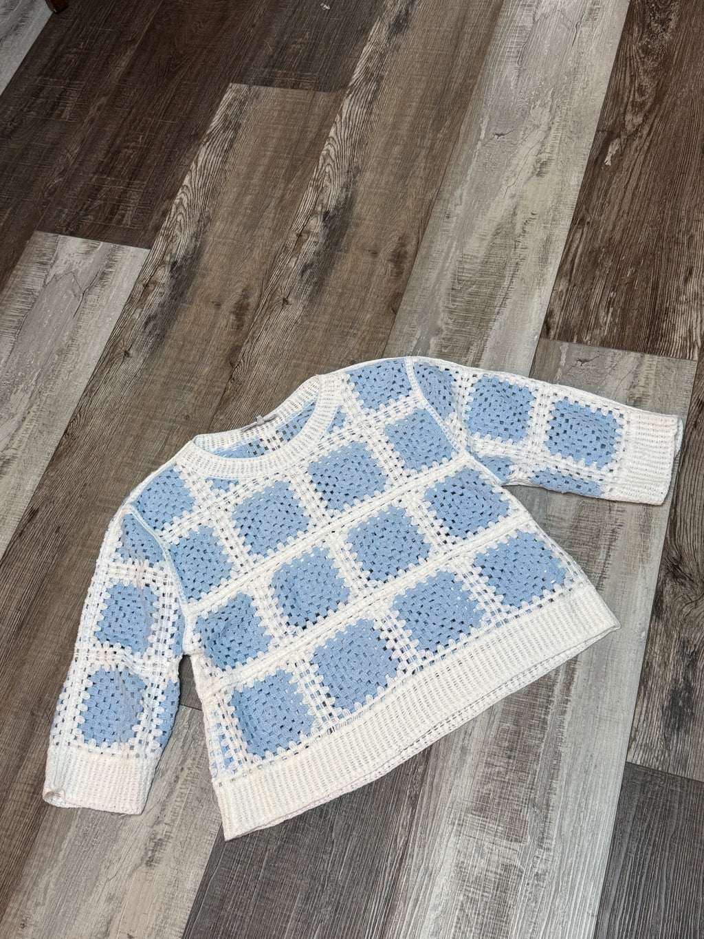 Blue & White Square Pattern Crochet Top