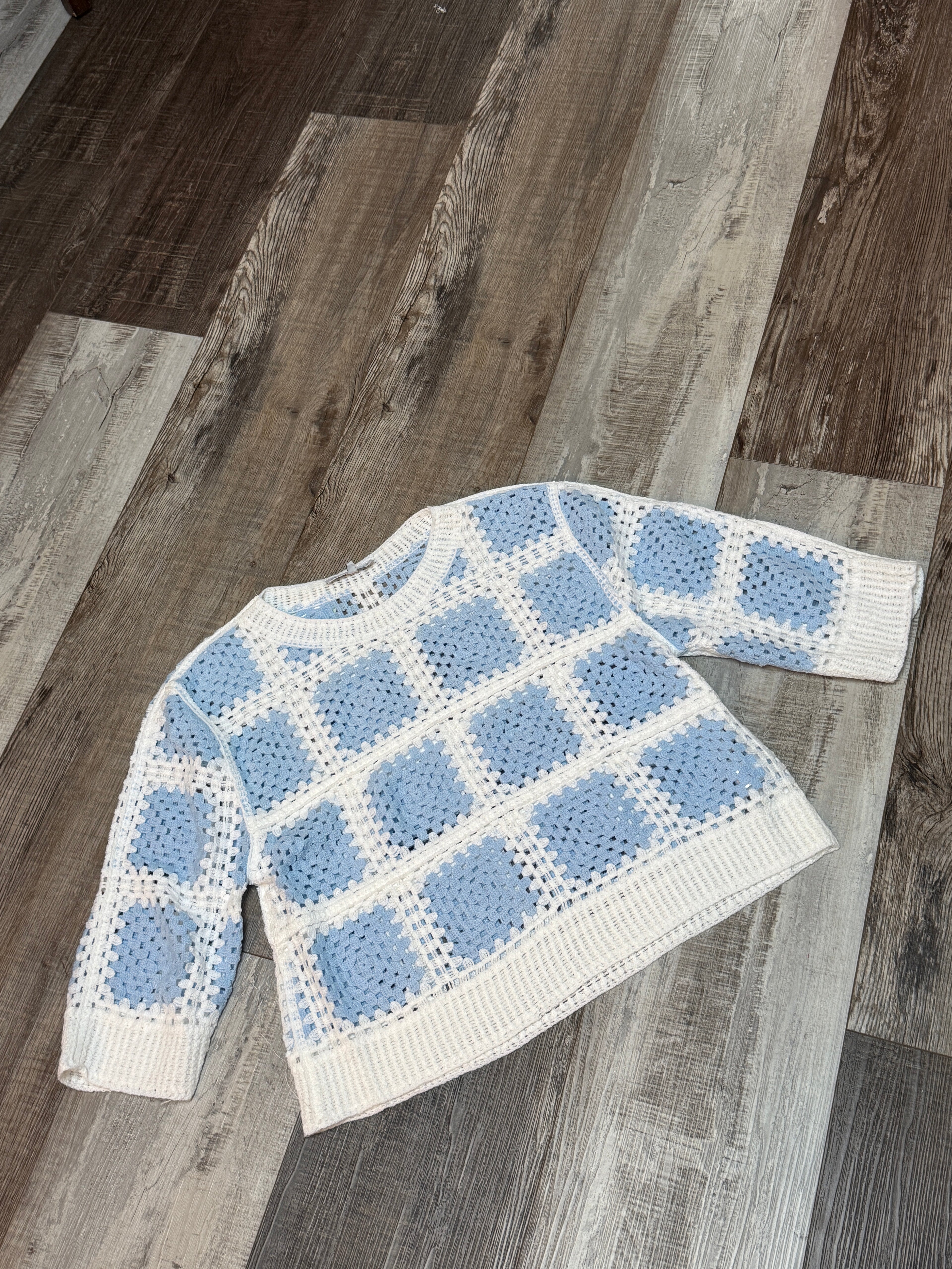 Blue & White Square Pattern Crochet Top