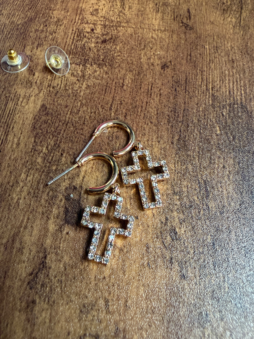 Dainty Gold CZ Rhinestone Cross Dangle Hoop Earrings