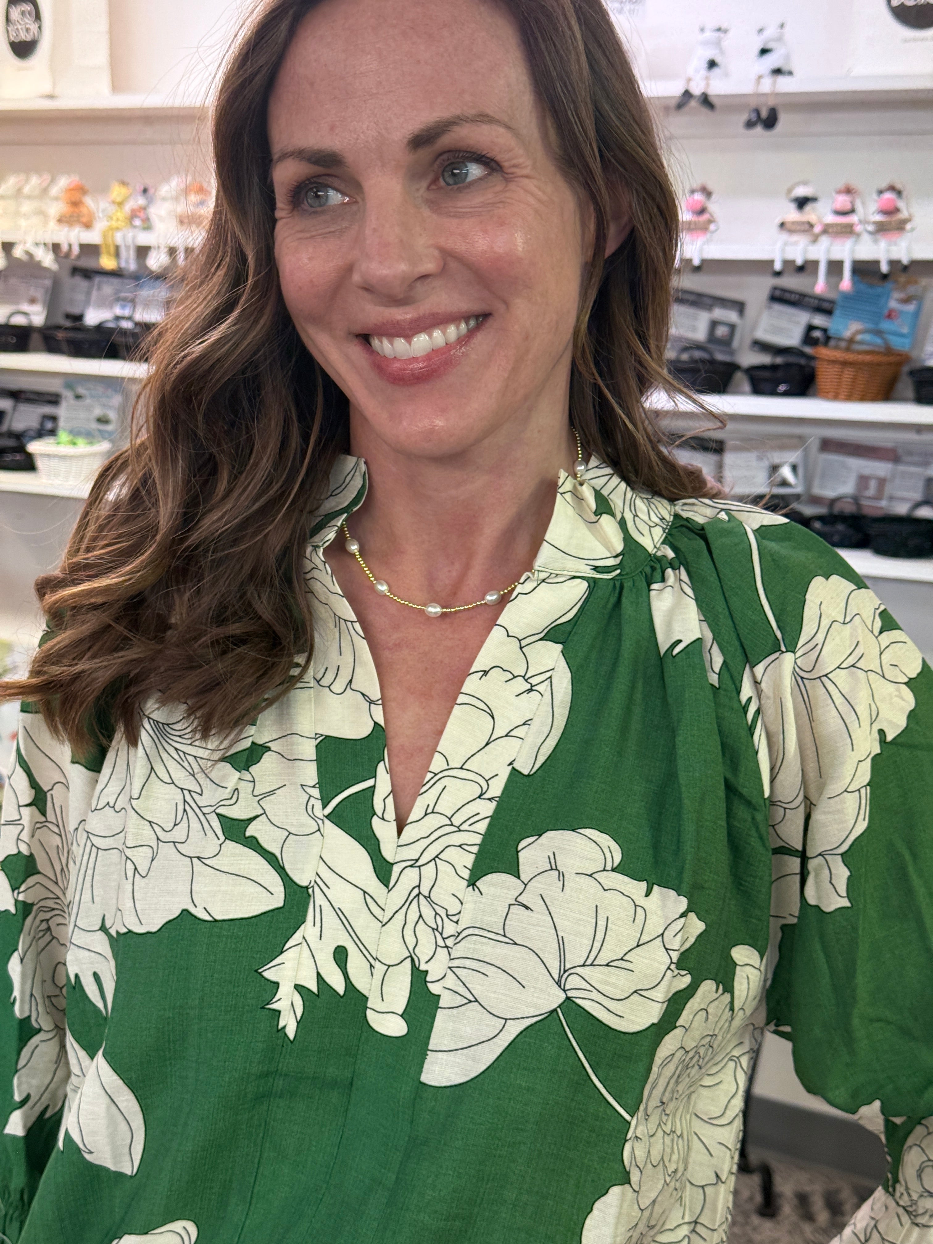 Green V-neck White Floral Print Blouse