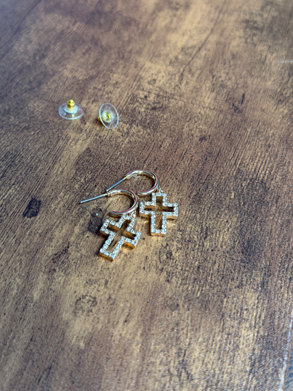 Dainty Gold CZ Rhinestone Cross Dangle Hoop Earrings