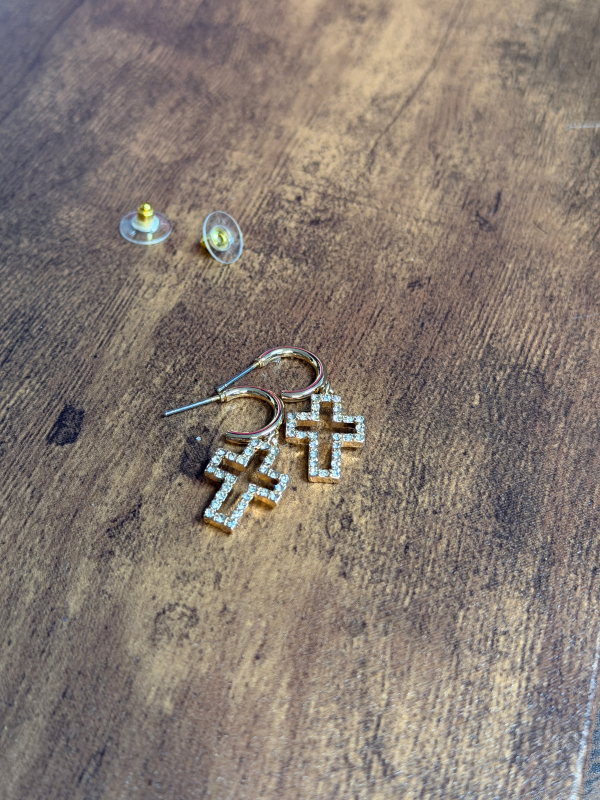 Dainty Gold CZ Rhinestone Cross Dangle Hoop Earrings